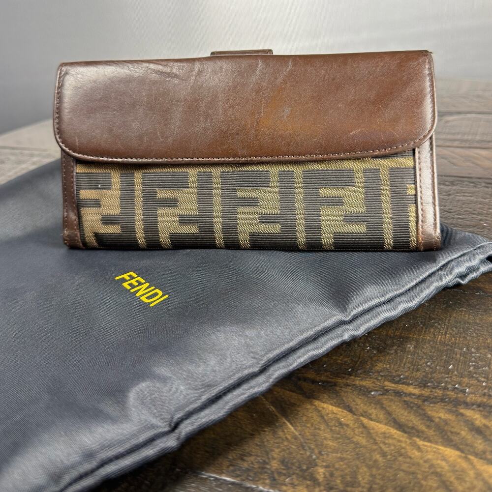Authentic Fendi Zucca Canvas Long Wallet Brown Leather Bi-Fold with Dust Bag